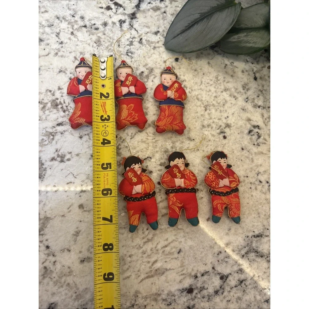6 Silk Embellished Christmas‎ Ornaments Asian Children Chinese Lunar New Year